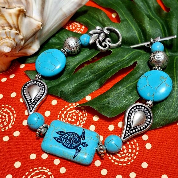 Hand Crafted Jewelry - Artisan Hand Crafted Bracelet Turtle Tribal Art Silver Turquoise Beaded OSFM